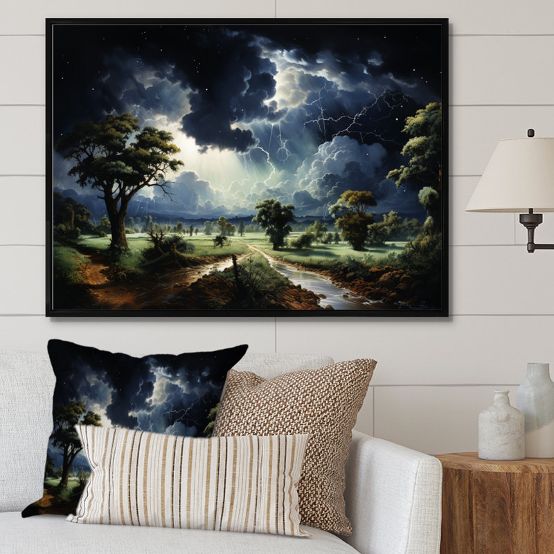 " Green Storm Chasing Lightning ", 12" H x 20" W x 1" D, Black Floater Framed
