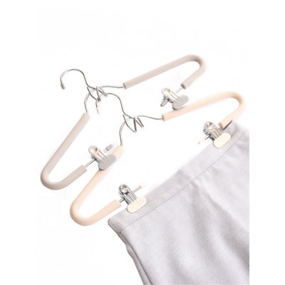 Foam Padded Hanger With Clips - Chrome Plated Heavy Duty Space Saving Pants Coat Hanger Beige