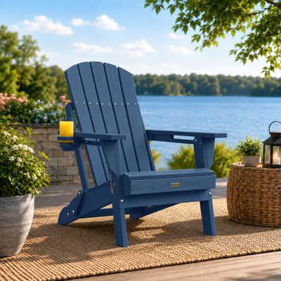 Chaises Adirondack résistantes aux intempéries avec porte-gobelet: Chaises Adirondack pliantes en plastique PEHD d'extérieur pour foyer / terrasse / porche / jardin / pelouse / cour (bleu foncé)