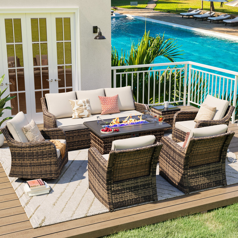  7 Pieces Patio Furniture Set With 43" Fire Pit Table, Wicker Patio Conversation Set With Swivel Rocking Chairs, Outdoor Patio Set For Lawn Backyard Porch (Brown)
