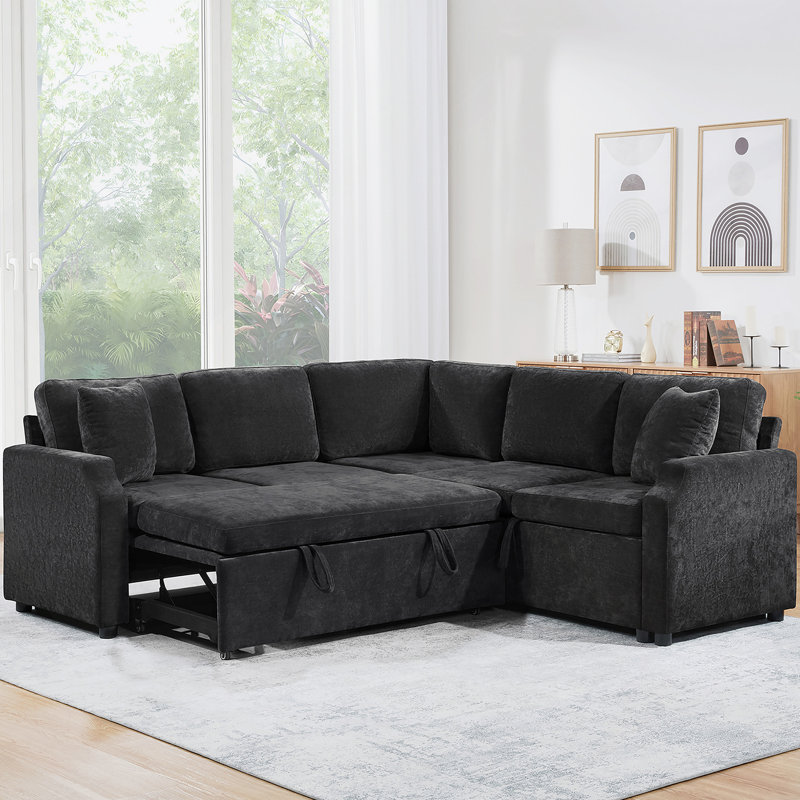 Canapé-lit modulaire en forme de L Canapé modulaire rembourré en L de 81,9 po avec canapé-lit et compartiment de rangement caché pour le salon, noir