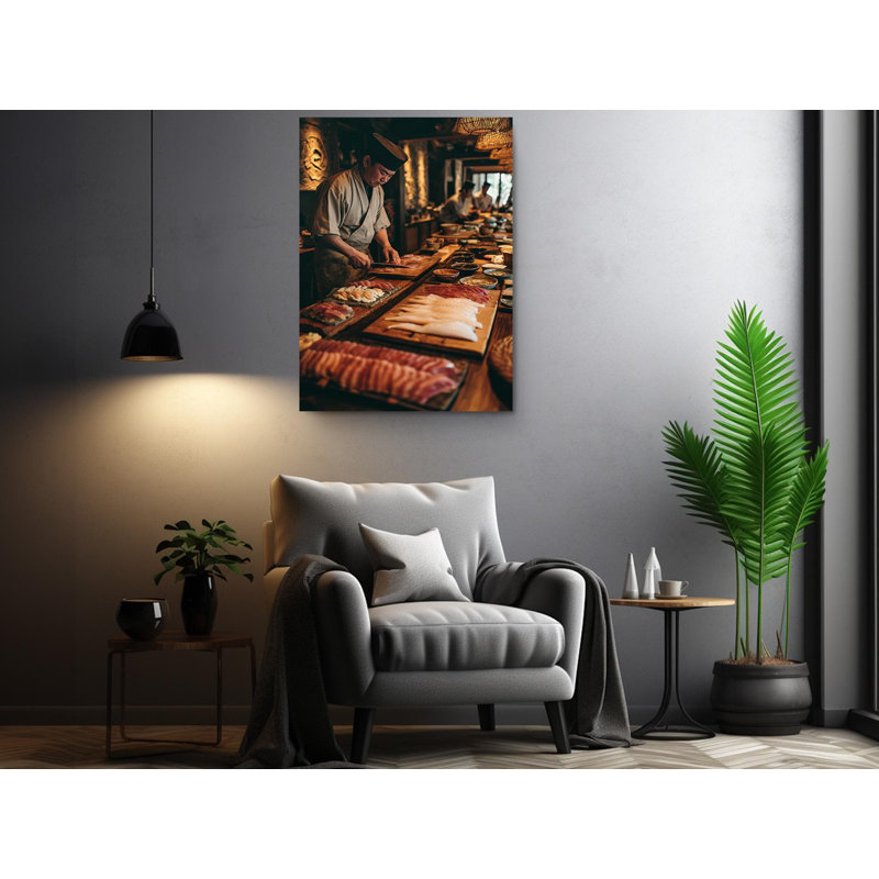 Art japonais sur toile de chef japonais, décoration murale culinaire pour la cuisine, impression d'art de restaurant, photographie de préparation de sashimis, gourmet authentique