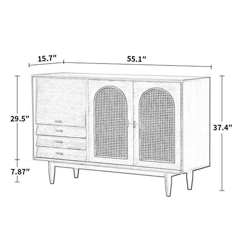Buffet nordique japonais en rotin simple, H 37,4 po x l 55,1 po x P 15,7 po