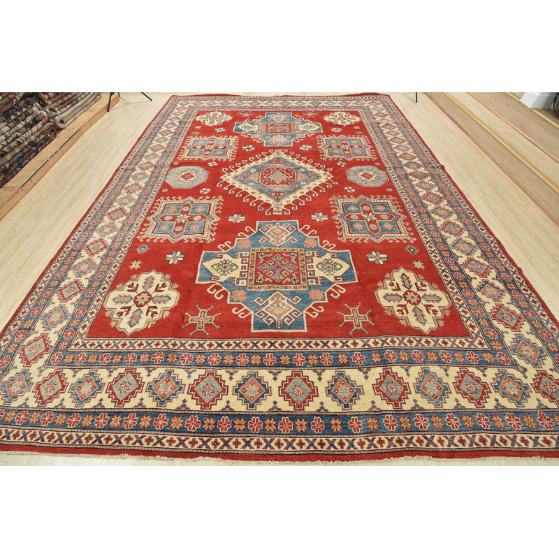 Tapis géométrique en laine noué à la main rouge / beige / bleu