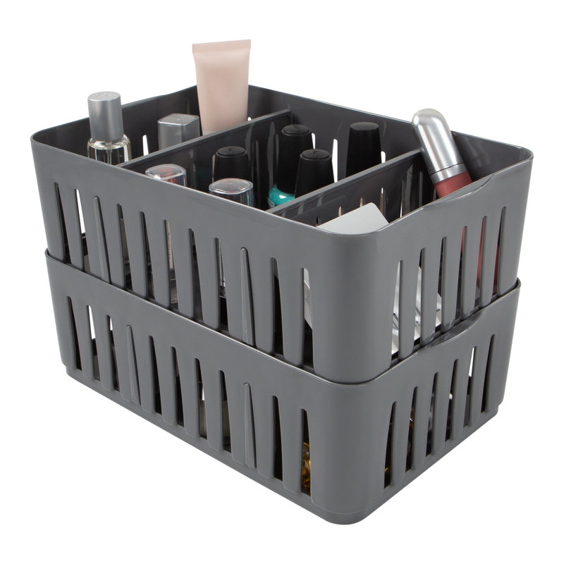 Simplify Medium Gray Stackable Plastic Organizer Baskets with Adjustable Dividers (Set of 4)