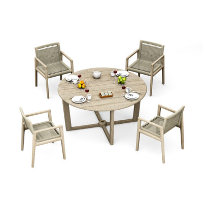 5 Pcs Grade-A Weathered Teak Wood Dining Set: 60" Sema Round Table And 4 Sema Arm Chairs #11Se3504