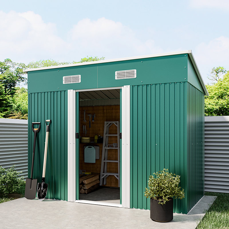 Dark Green Flat Roof Metal Tool Shed