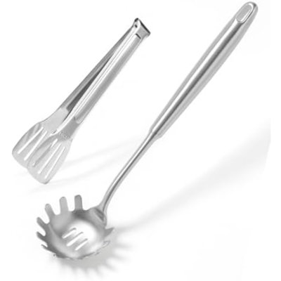 Cuillère à spaghetti en acier inoxydable 304 et pince à spaghetti, [antirouille, formage intégral, durable] Cuillère à pâtes avec dents avec poignée ergonomique, poignée à pâtes confortable