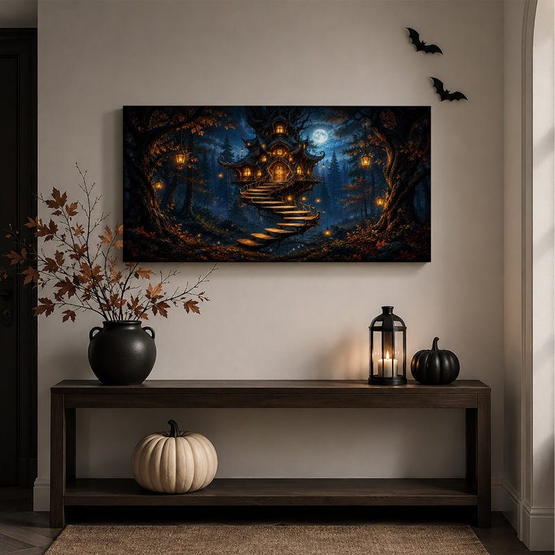 Cabane dans les arbres fantaisiste avec lanternes au clair de lune pour l'Halloween - Toile murale, L 40 po x H 20 po