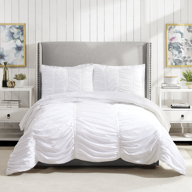 Emily Ruched Solid Textured Comforter Set, White, Twin/Twin XL Comforter + 1 Standard Sham