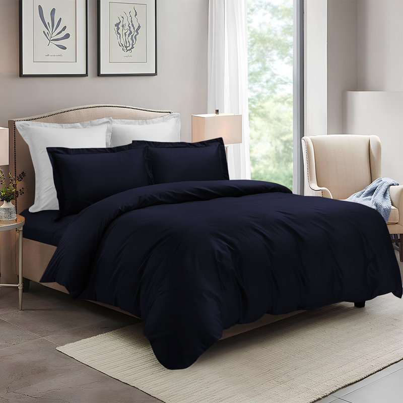 4 Piece Complete Bedding Set Duvet Cover Set With Fitted Bed Sheet & Pillowcases, Navy