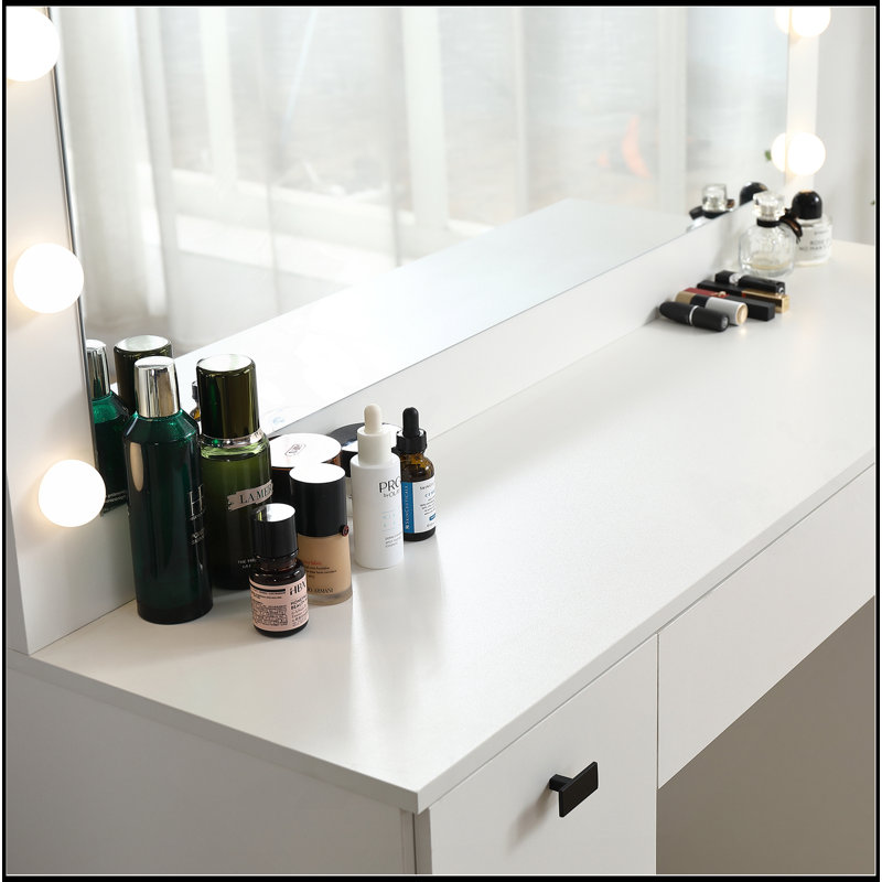 Vanity Table With Lighted Mirror, Vanity Desk With 3 Drawers And Storage Cabinet,3 Color Lighting Modes Adjustable Brightness, White Color