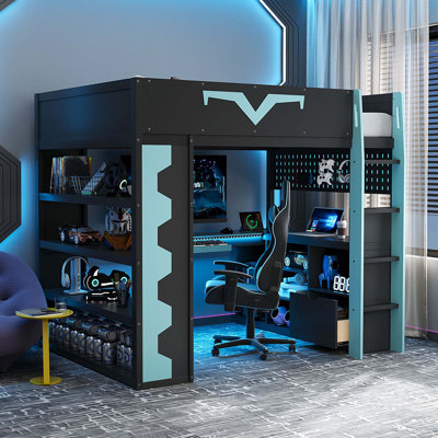 Full Size Gaming Loft Bed With Integrated Desk & RGB LED Lights, Pro-Gamer Bed With Power Outlet, Large Bookshelf, Pegboard, Keyboard Tray & Storage Drawer, 3 Colors Available, Blue