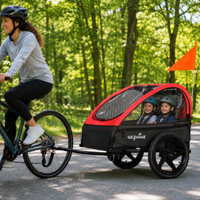  2-Seat Red Foldable Kids Bike Trailer with Storage Bag and waterproof curtain