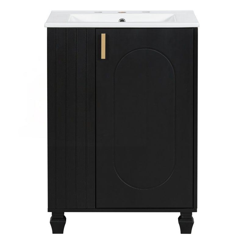 Meuble-lavabo de salle de bain rétro classique 24 po avec lavabo, cadre en bois massif, porte à fermeture douce et rangement multifonctionnel