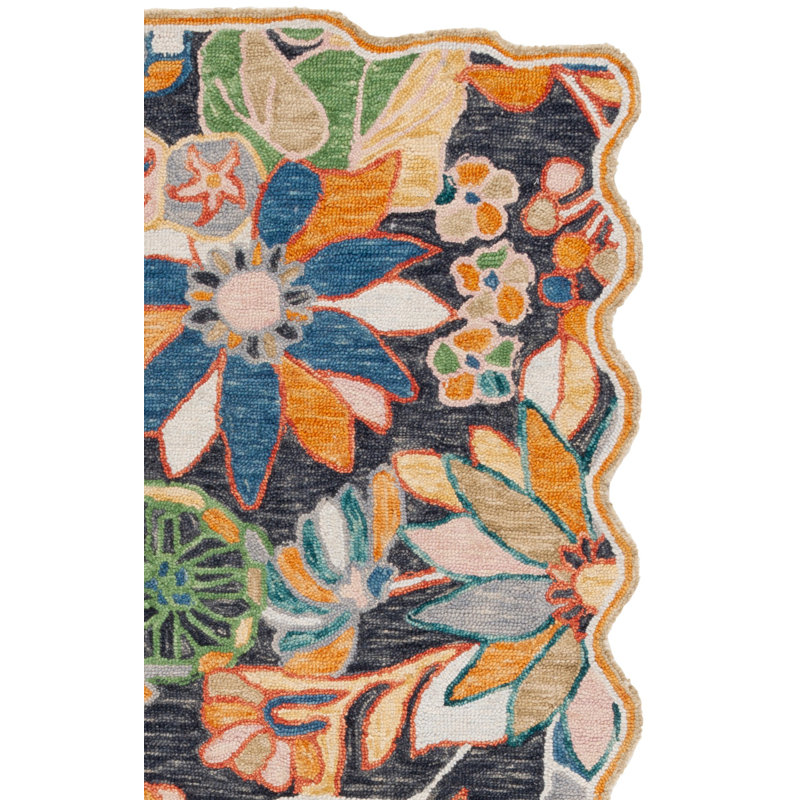 Tapis floral noir / vert en laine / coton touffeté à la main Botts 356, Carré 6 pi