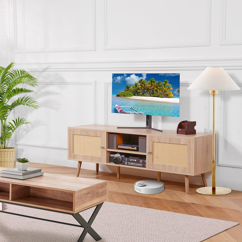 Meuble télé en rotin pour téléviseur 65 pouces, Bois de chêne