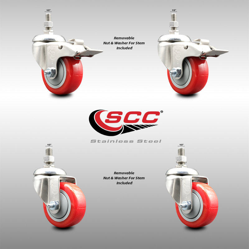 3.5 Inch 316SS Red Polyurethane ½ Inch Threaded Stem Caster Set 2 Lock Brake