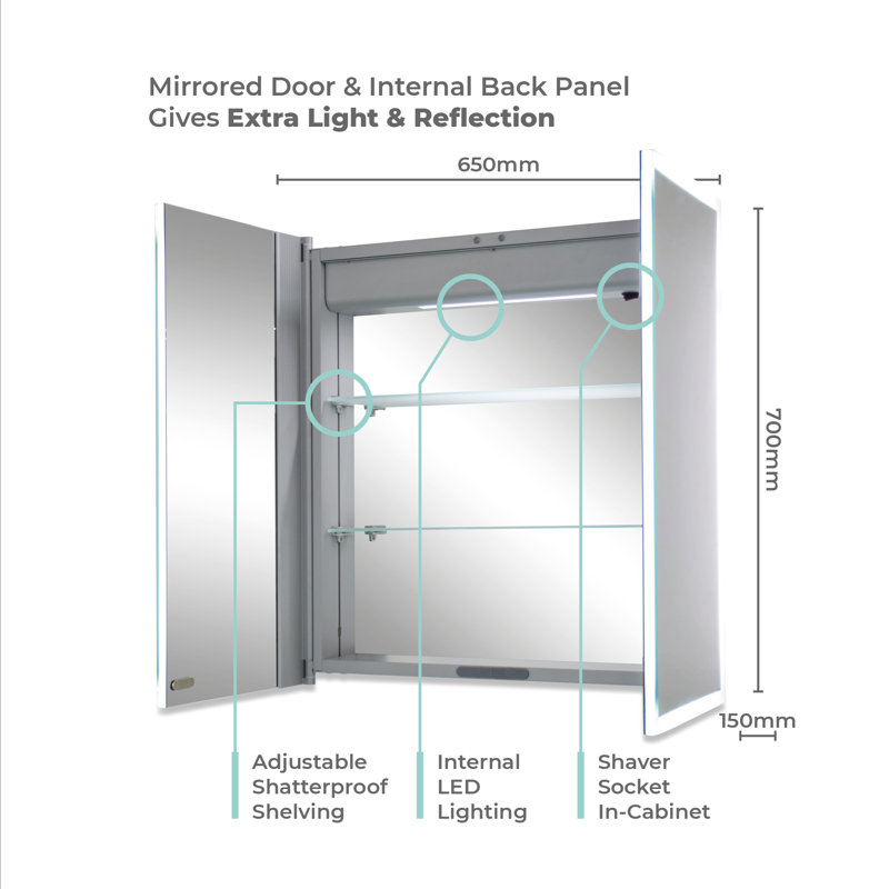 Seibert 650mm W 700mm H Surface Frameless Medicine Cabinet Mirror 2 Adjustable