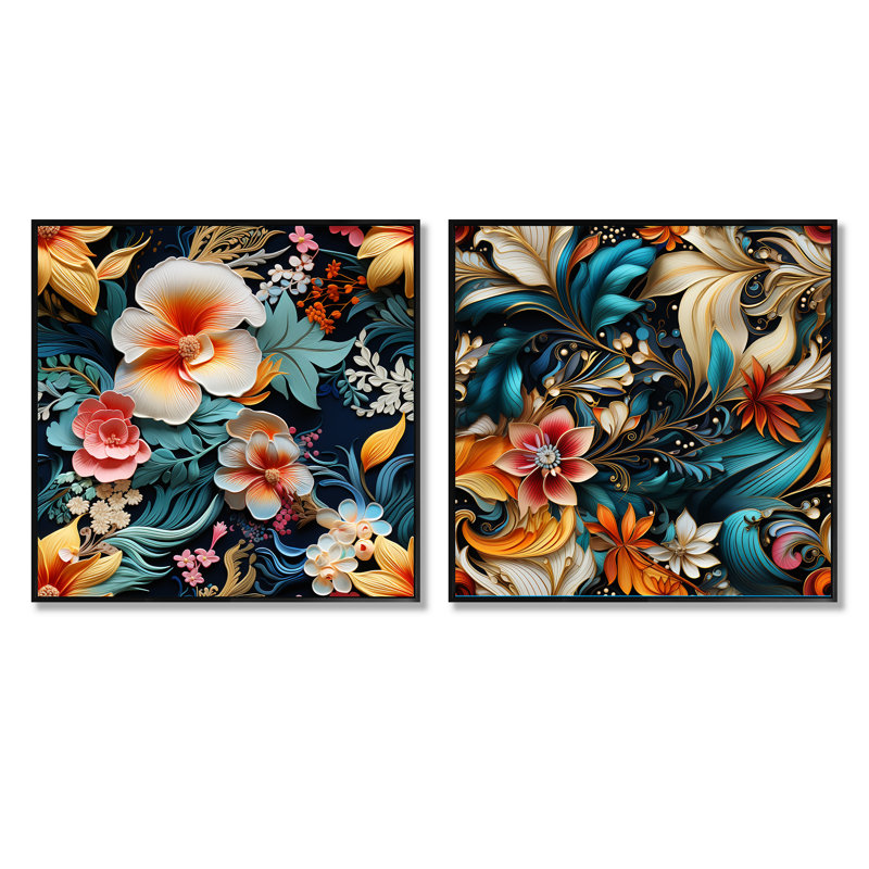 Farrel - Ensemble de 2 collages floraux et botaniques carrés, Cadre flottant noir, H 16 po x l 33 po