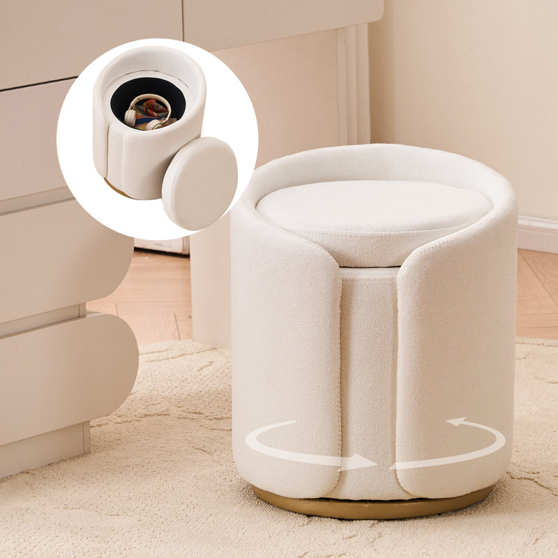 Tabouret de coiffeuse avec rangement, tabouret rond en boucle sans roulettes, pouf pivotant avec revêtement rembourré et base dorée