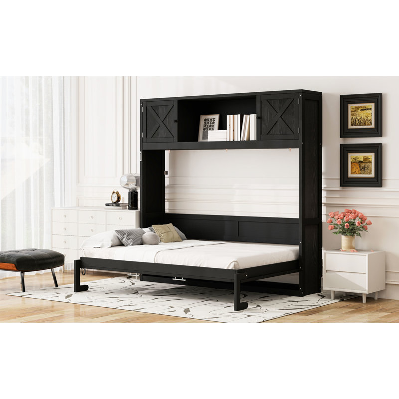 Lit double noir avec 3 armoires de rangement et espaces d'intimité, bois de pin massif, style rustique pour petites maisons en couleur, avec compartiments cachés, meubles