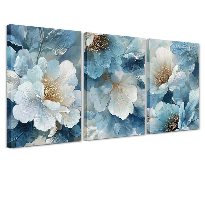 3-Piece Blue & White Peony Canvas Wall Art, 36" H x 72" W