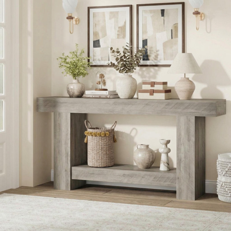 Console 63 po avec tablette de rangement à 2 niveaux, table d'appoint pour entrée, canapé long pour le salon ou le couloir