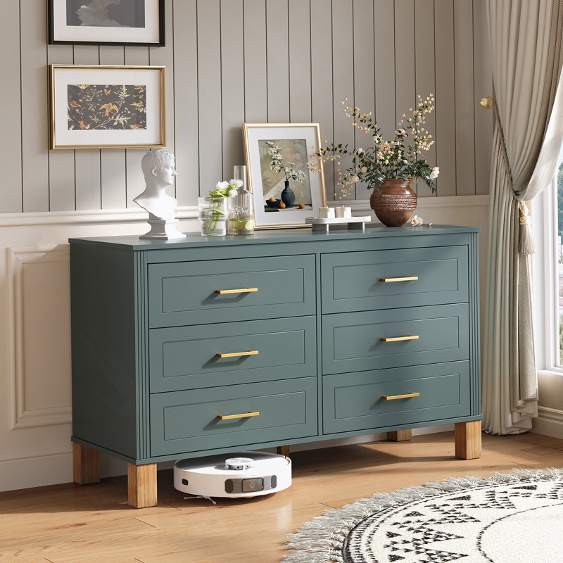 Commode 6 tiroirs, commode de rangement moderne avec poignées en métal et pieds en bois massif, Vert clair