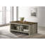 Table basse chic en chêne gris avec tablettes ouvertes de chaque côté et plateau de table en noyer