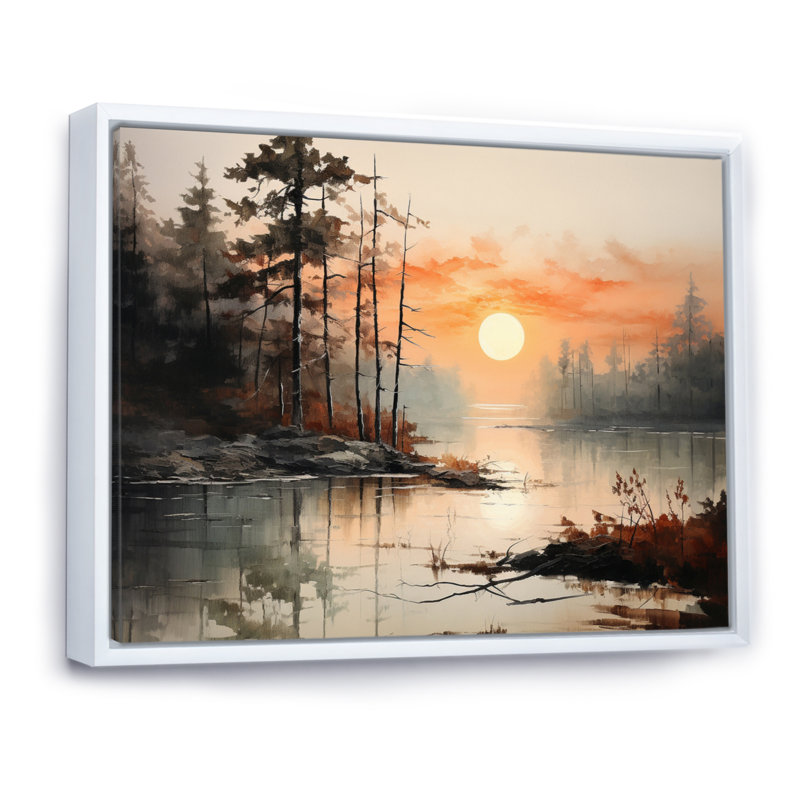 «Lake Misty Morning Reflections I - Lakes Lakehouse», art mural sur toile, Cadre flottant blanc, H 34 po x l 44 po x P 1,5 po