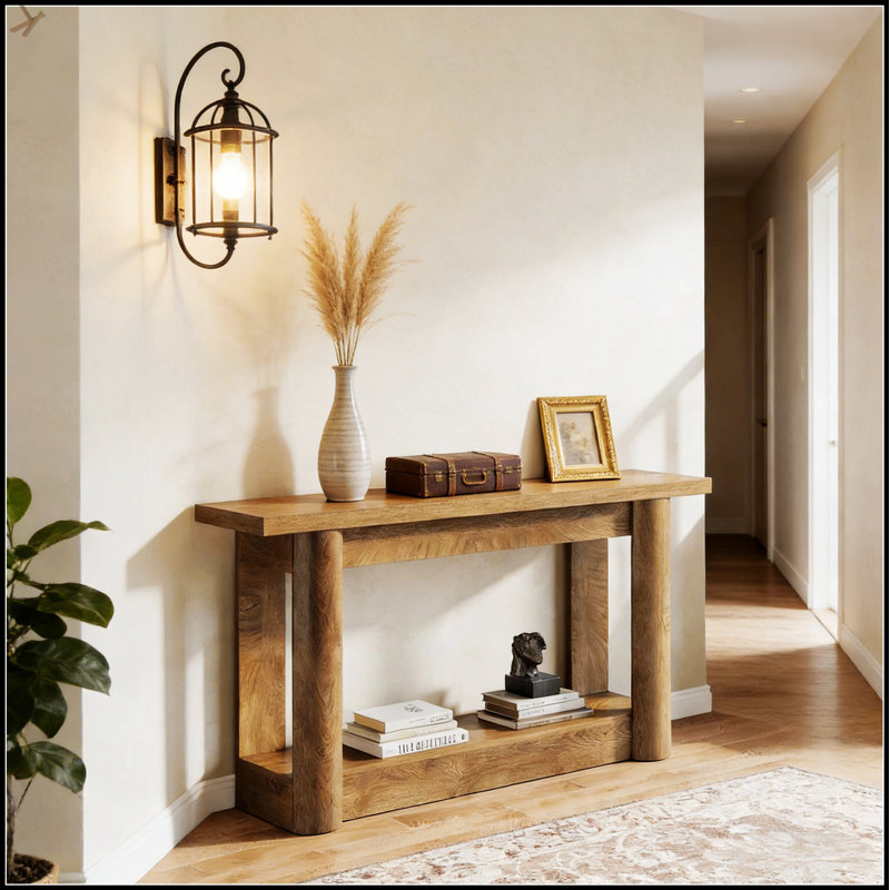 2-Tier Foyer Table With Rustic Charm And Spacious Storage,  For Entryways And Living Rooms, Oak