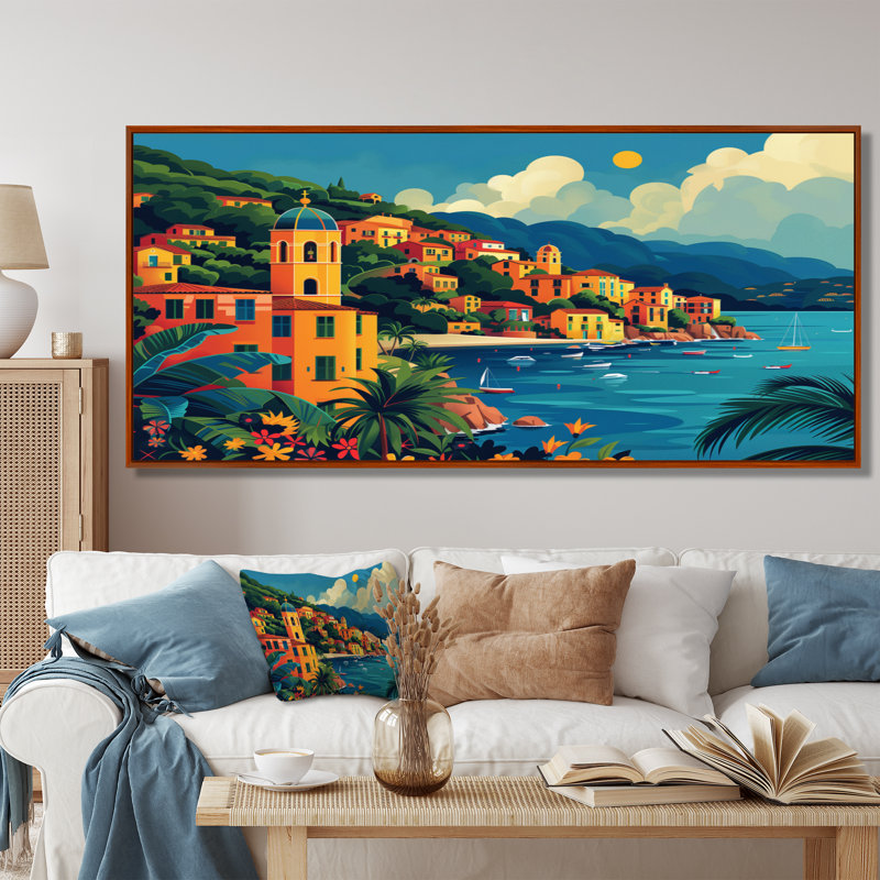 Orange, bleu, riviera italienne, art mural Italie, Cadre flottant brun, H 34 po x l 44 po