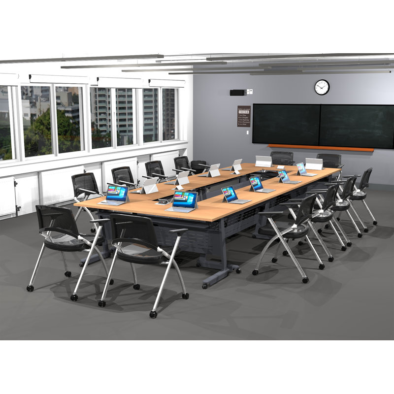 Tables Training Meeting Seminar Classroom 6Pc Beech Folding Industrial Caster Z-Base. Tables Connect.  Modesty Panel, Shelf, Power+Usb Outlet. Fold+Nest For Storage (Seating Not Included).