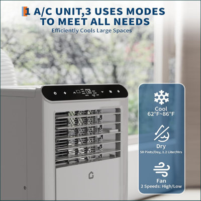 Climatiseur portatif 10 000 Btus avec télécommande, déshumidificateur 3-en-1, refroidissement, ventilateur, refroidit jusqu'à 450 pieds carrés Pieds, Mode Smart / Sleep, Minuterie de 24 heures, Gris