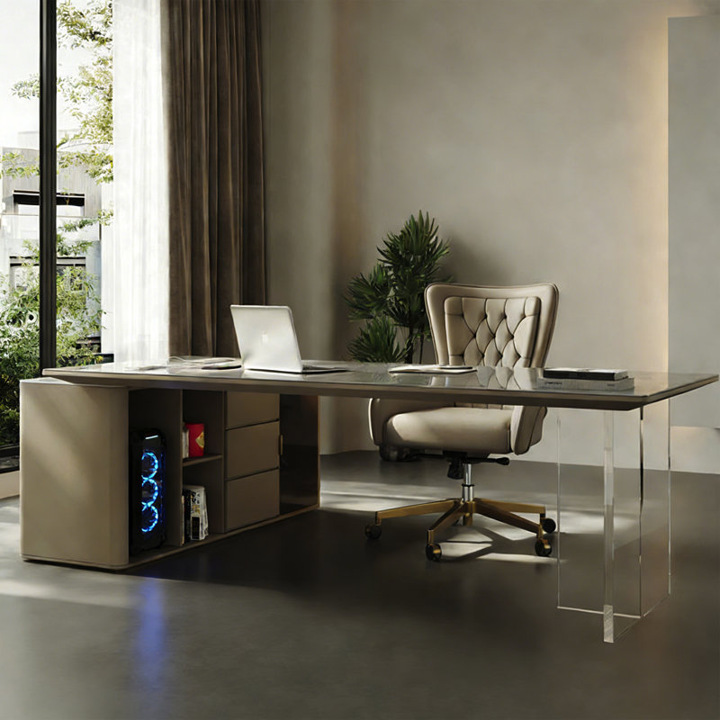 Bureau haut de gamme moderne en L en pierre ultrabrillante avec pieds en acrylique et armoire en cuir