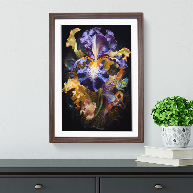 Iris Flower Baroque No.2 - Single Picture Frame Print on Wood, Walnut Framed, 64cm H x 46cm W x 2cm D