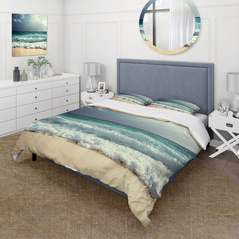 Blue Waves Breaking On The Beach - Ensemble de housse de couette nautique et côtier - Polyester en microfibre