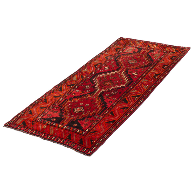 Tapis de couloir unique en laine noué à la main de style années 2000 4 pi 2 po x 8 pi 10 po en rouge / bleu marine foncé / beige Anieyah