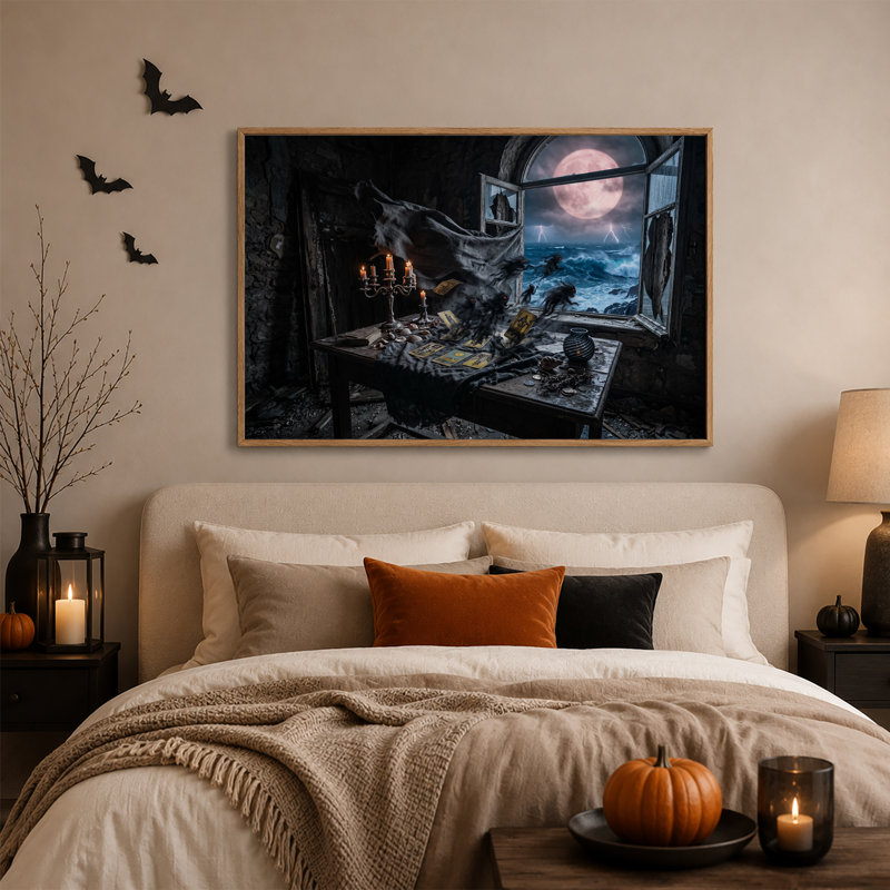 Cartes de tarot sombres et bougies avec mer déchaînée et toile murale d'Halloween, H 24 po x l 36 po
