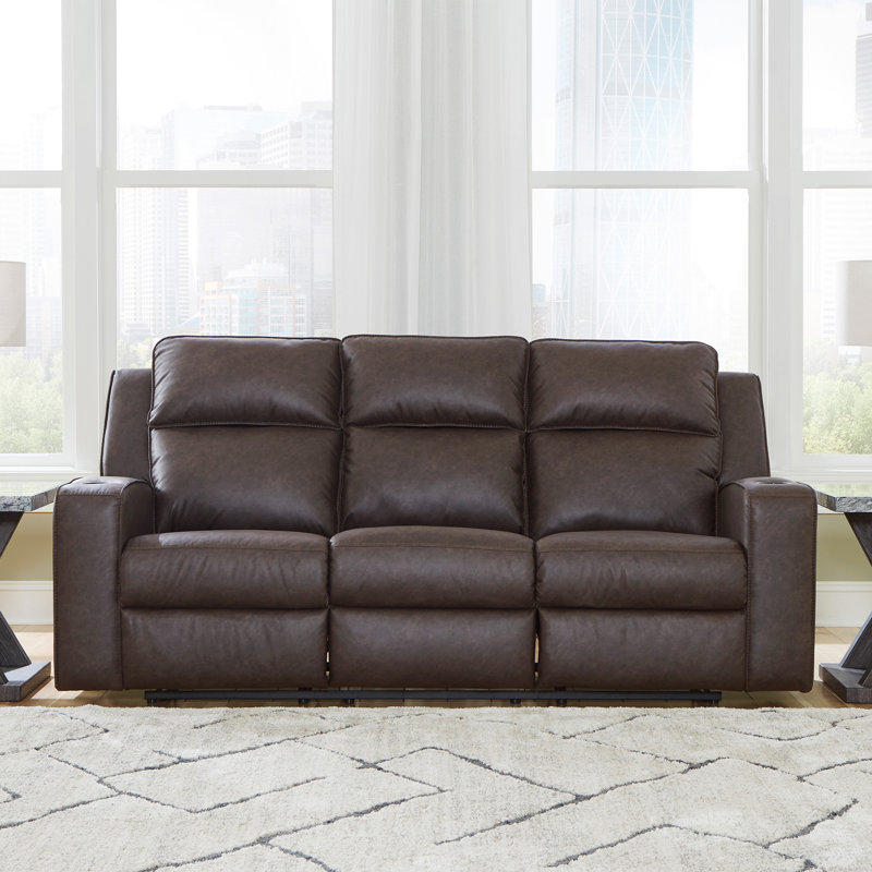 Stockley Reclining Sofa With Drop Down Table, Brown Faux Leather