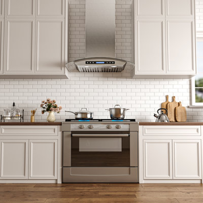 800 CFM Ducted Wall Mount Range Hood 4 Speed Quiet Stainless Steel and Tempered Glass Remote and Touch Panel Control with LED Lights
