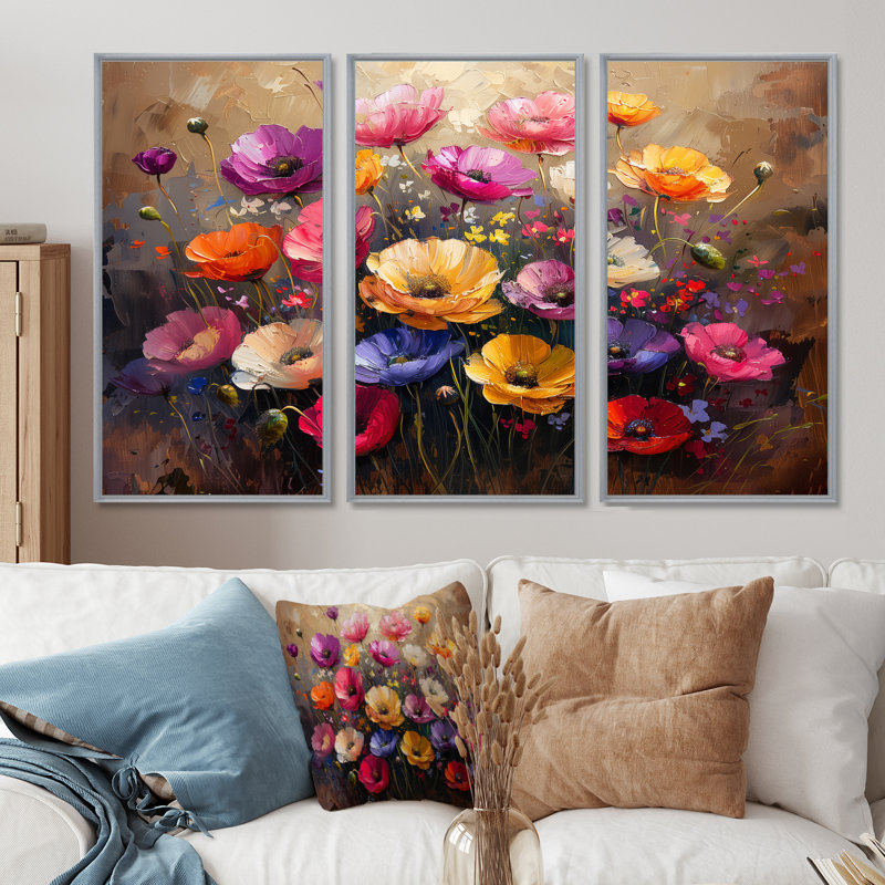 Ensemble de salon Stotfold - Poppies Wall Art, H 28 po x l 36 po x P 1 po, Toile argentée avec cadre flottant