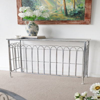 40" Rustic Iron Console Table, Arched Fence for Entryway - Weathered Silver