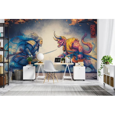 Samurai Vs Demon Battle Fantasy Art Wallpaper Mural