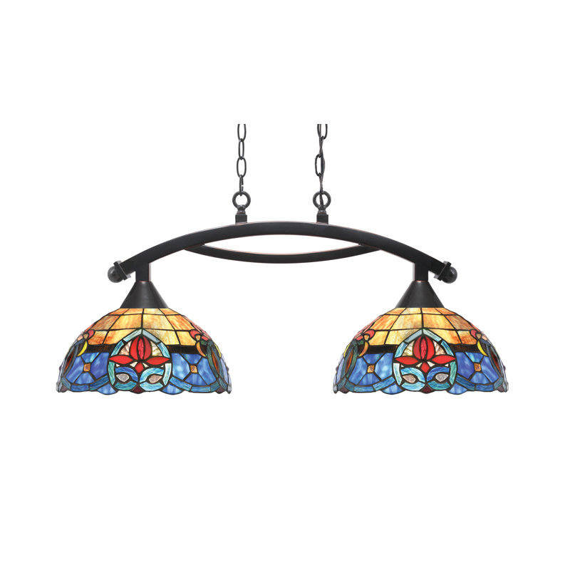 Luminaire pour îlot 2 lumières Bow avec verre d'art 12 ", Cuivre / noir, Beige / bleu / orange