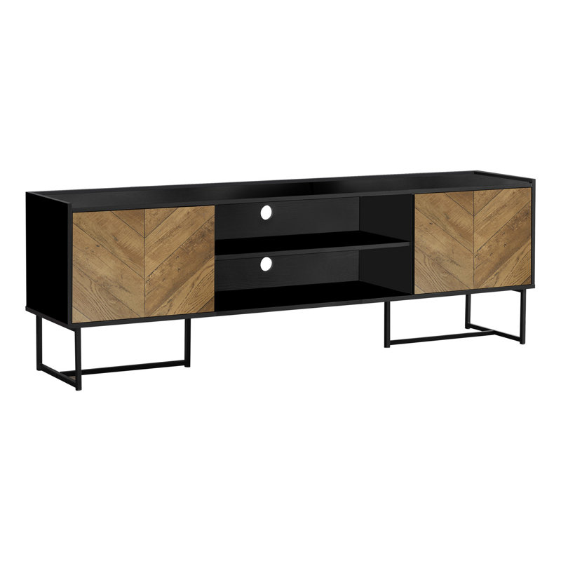 TV Entertainment Console, 71 Inch Wide, V Grooved 2 Cabinets, Brown, Black