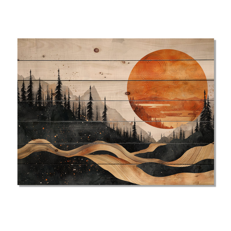 Lever de soleil forêt dans un paysage de marbres I - décoration murale bois de forêt - sur bois de pin naturel