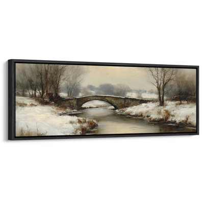Extra Large Snowy Stone Bridge Winter Creek Landscape Framed Canvas Print Wall Art