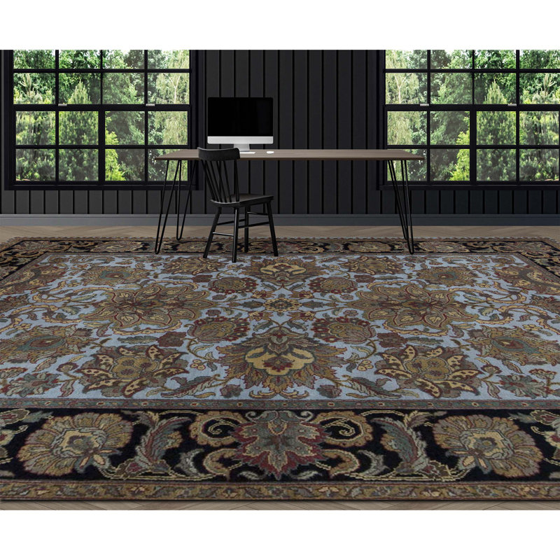 Crown Wool Oriental Area Rug in Blue/Black/Brown